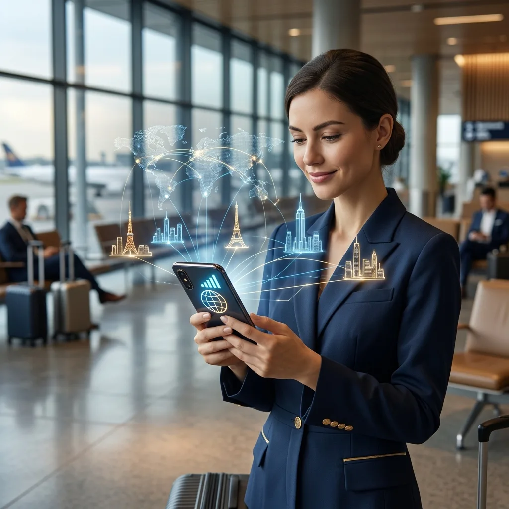 Traveler using a smartphone in an airport terminal