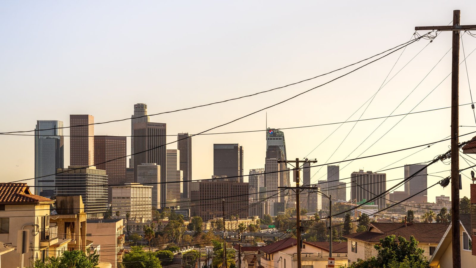 Downtown Los Angeles skyline seen from a hillside neighborhood